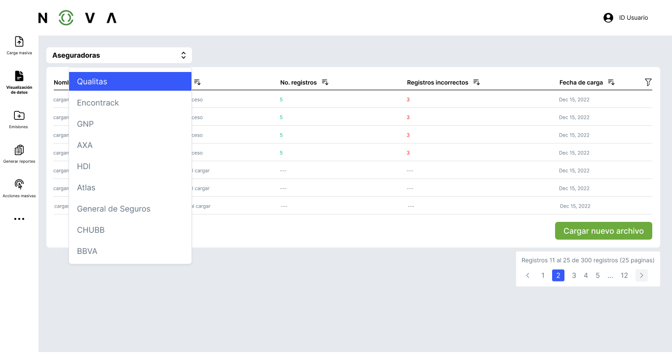 Filtering upload history by insurer.